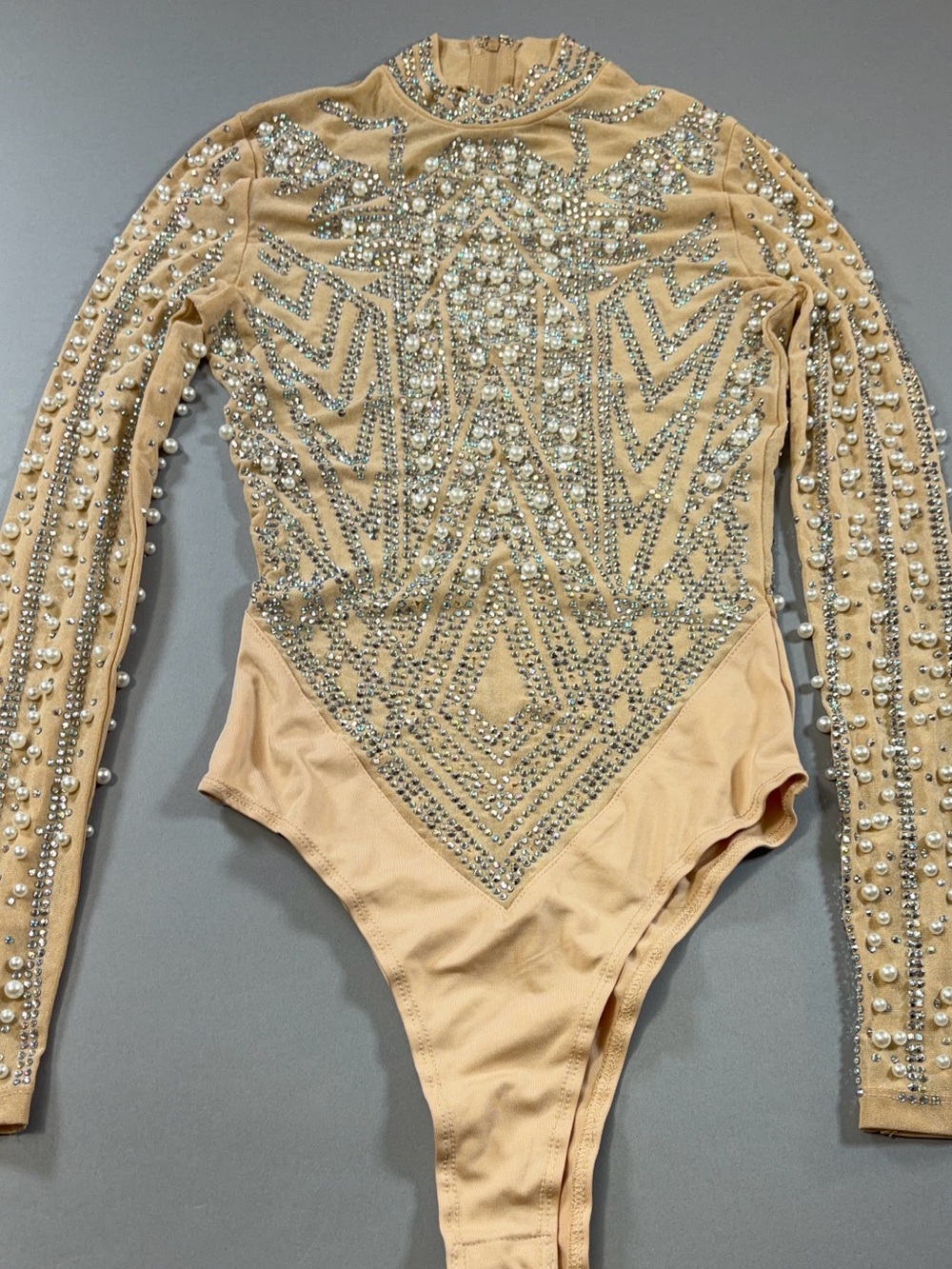 Fashion Nova Pearl AB Rhinestone Embellished Nude Mesh Bodysuit Festival Wear